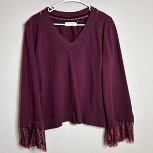 Painter Burgundy Cotton V-Neck Pullover Lace Long Sleeves XL
